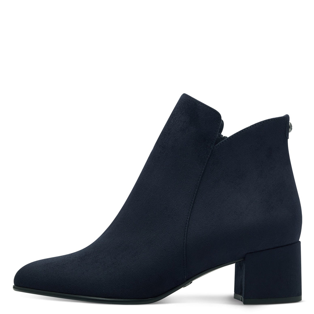 Women's navy ankle boot with almond toe and mid block heel