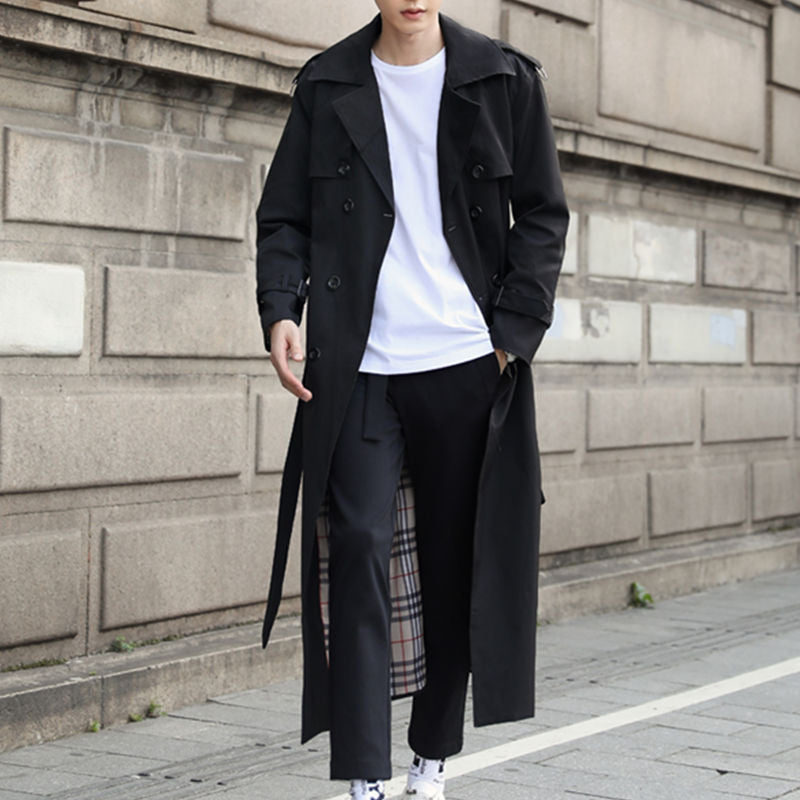 Men's long double-breasted trench coat with notched lapel, belt and flap pockets