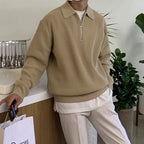 Men's ribbed half-zip sweater with polo collar and long sleeves