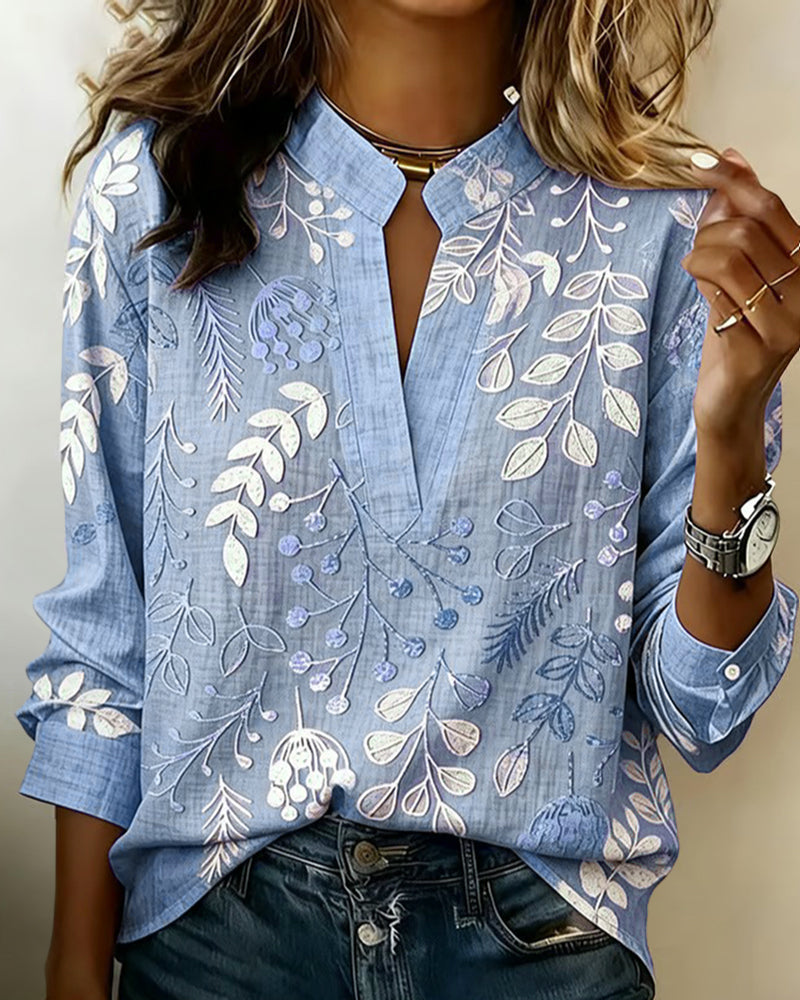 Women's botanical print blouse with mandarin collar and 3/4 sleeves