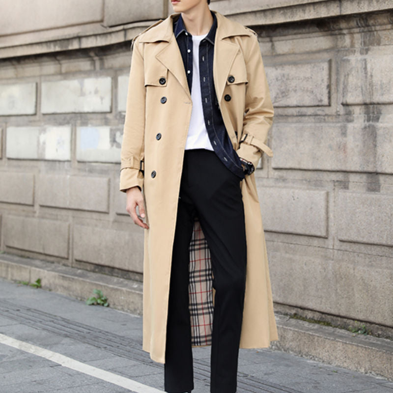 Men's long double-breasted trench coat with notched lapel, belt and flap pockets