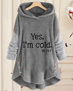 Women's hooded tunic top with text print, long sleeves, curved hem and side buttons