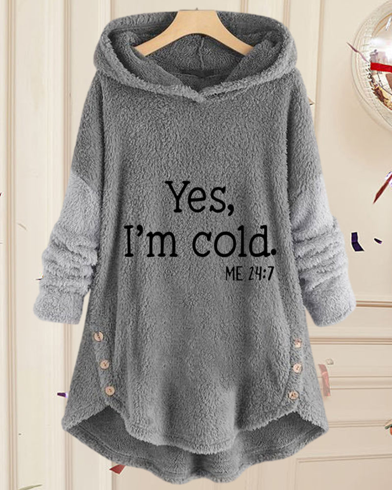 Women's hooded tunic top with text print, long sleeves, curved hem and side buttons