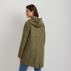 Women's hooded mid-thigh trench coat with long sleeves and zip fastening