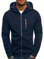 Men's hooded full-zip jacket with multiple zipped pockets and ribbed trims