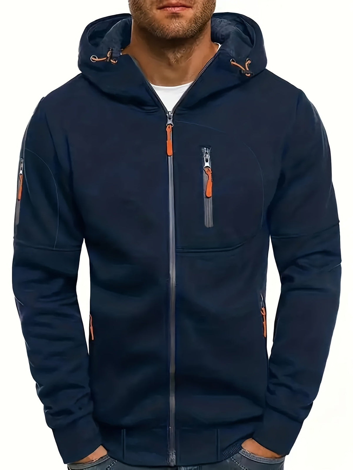 Men's hooded full-zip jacket with multiple zipped pockets and ribbed trims