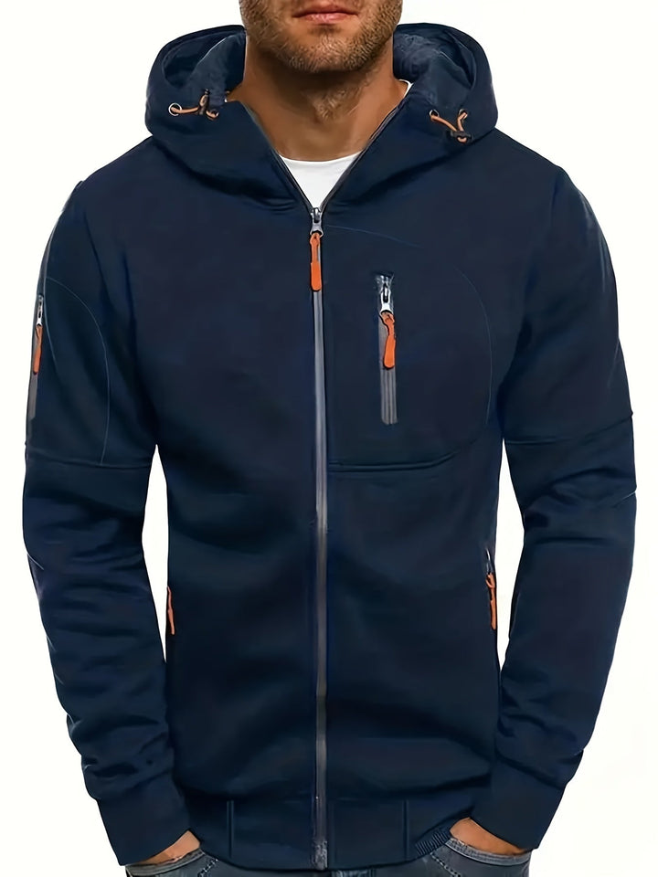 Men's hooded full-zip jacket with multiple zipped pockets and ribbed trims