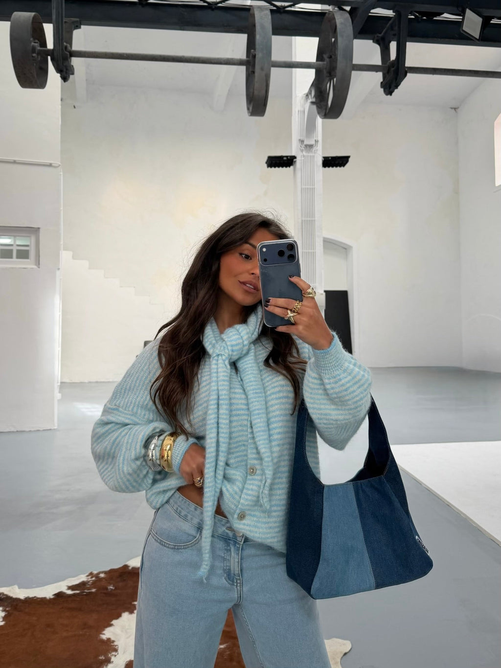 Women's blue striped cardigan with matching scarf