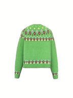 Women's multicoloured knitted cardigan with floral pattern bands and button front