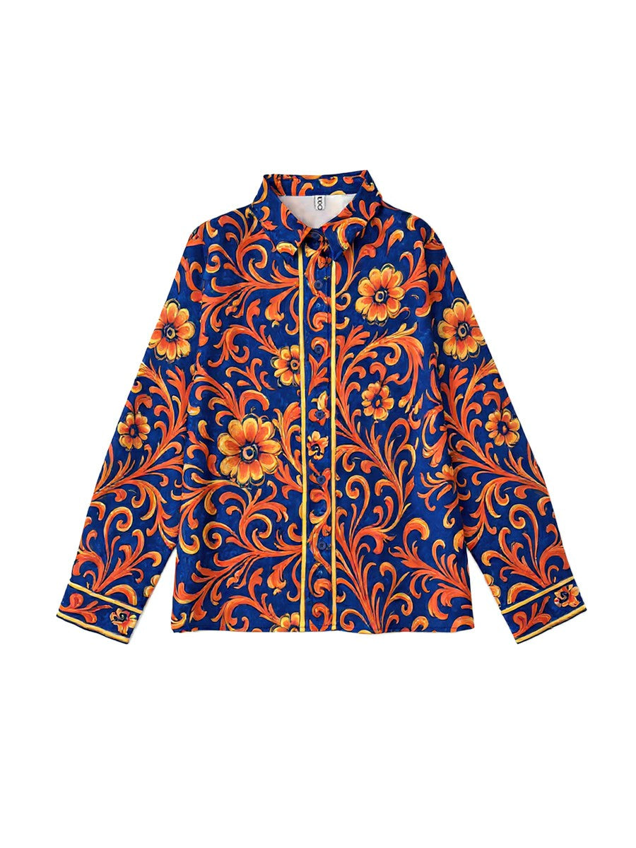 Women's blue floral button blouse with pointed collar and long sleeves