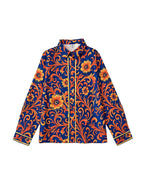 Women's blue floral button blouse with pointed collar and long sleeves