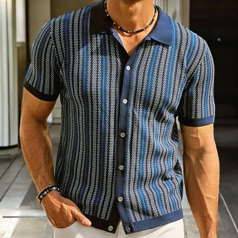 Men's vertical striped short sleeve button-down shirt with collar