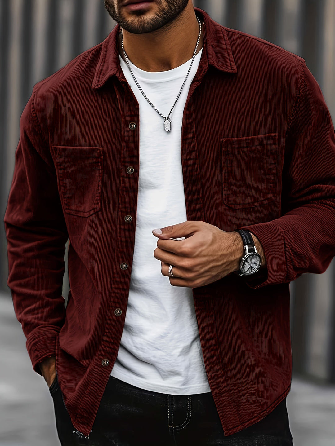 Men's burgundy corduroy overshirt with a button front and two patch pockets