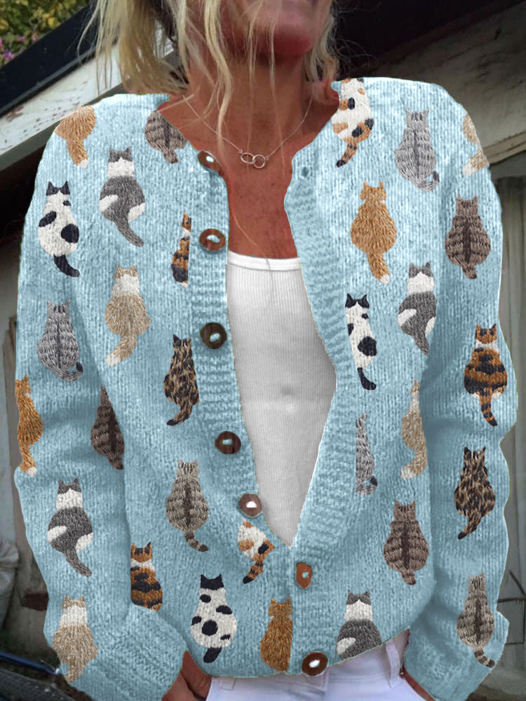 Women's cat print button front knit cardigan