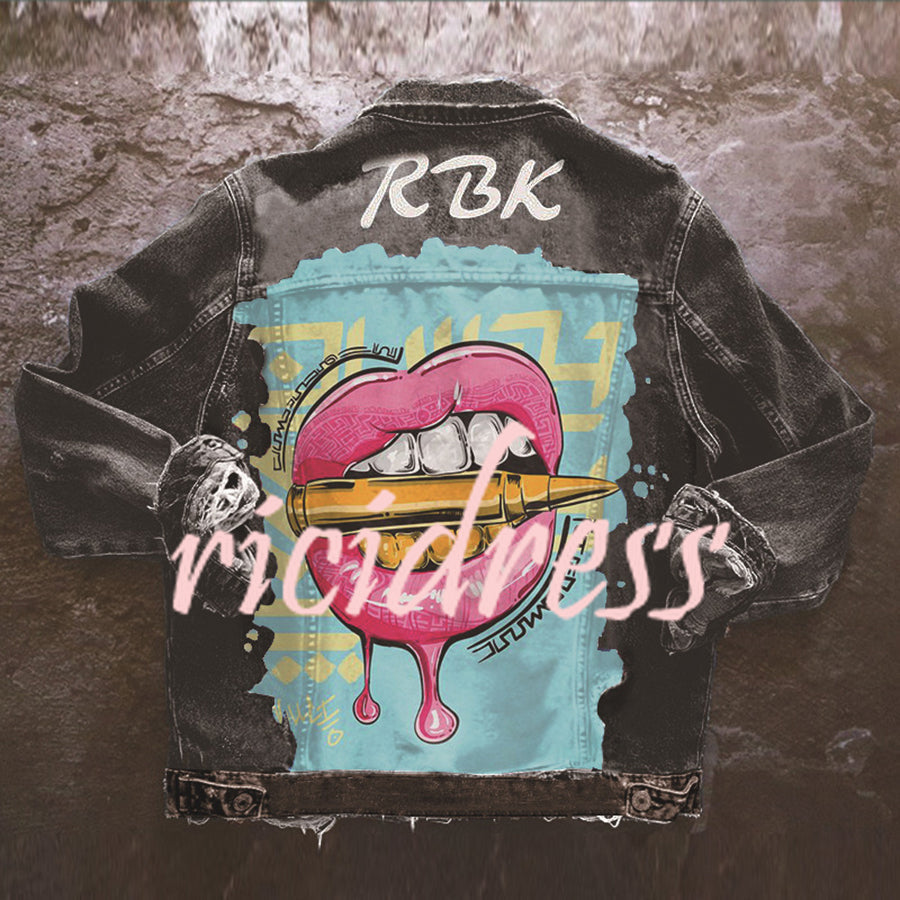 Graphic denim jacket with colourful illustrated back print