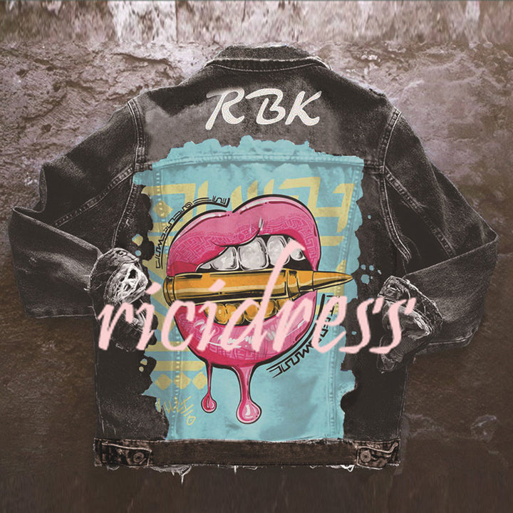 Graphic denim jacket with colourful illustrated back print
