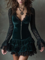 Women's green velvet mini dress with black lace sleeves and tiered ruffle skirt