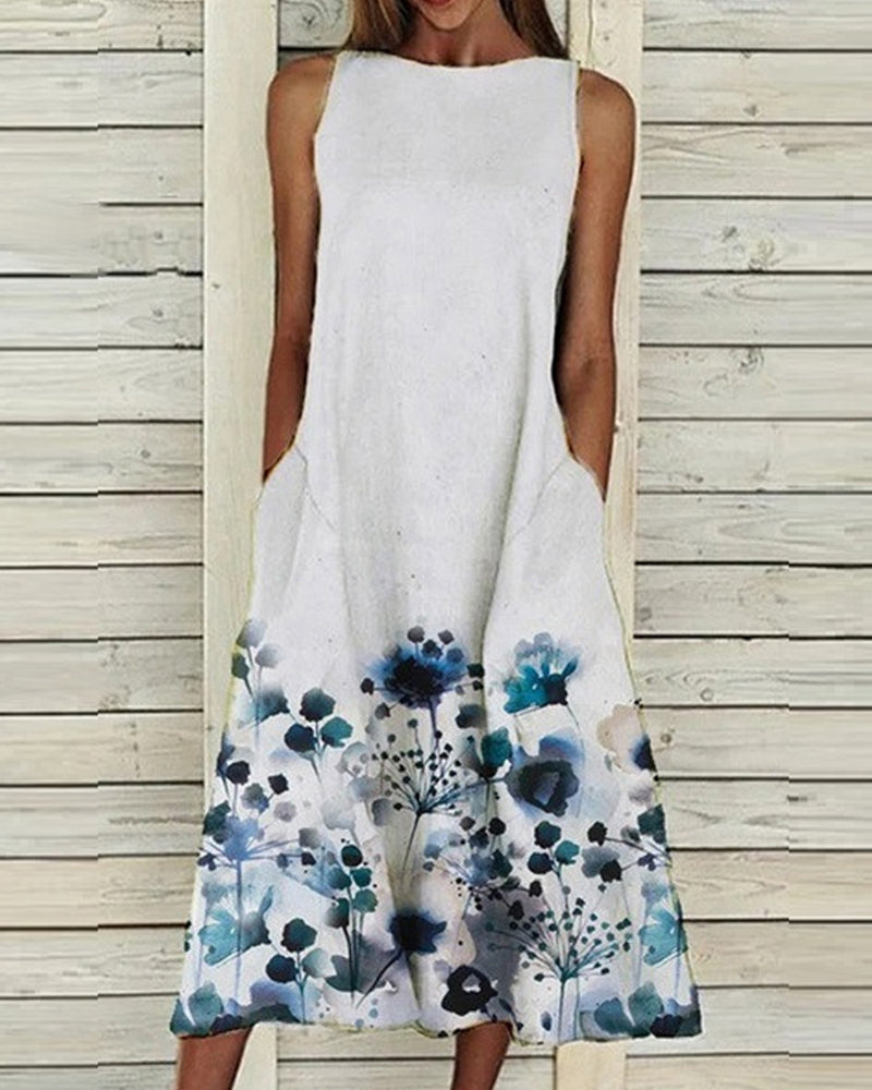 Sleeveless floral midi dress with side pockets