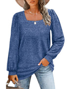 Women's square-neck long-sleeve top with gathered shoulders