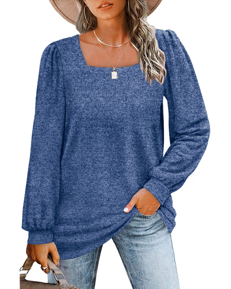 Women's square-neck long-sleeve top with gathered shoulders