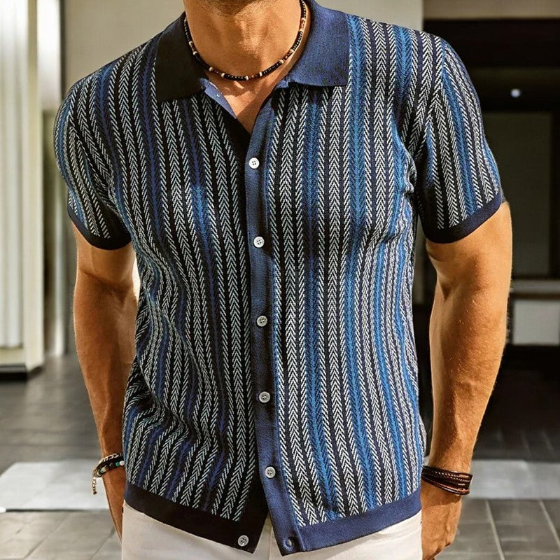 Men's vertical striped short sleeve button-down shirt with collar