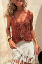 Women's open-knit sleeveless V-neck tank top