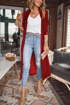 Women's longline velvet kimono coat with open front and gathered sleeves