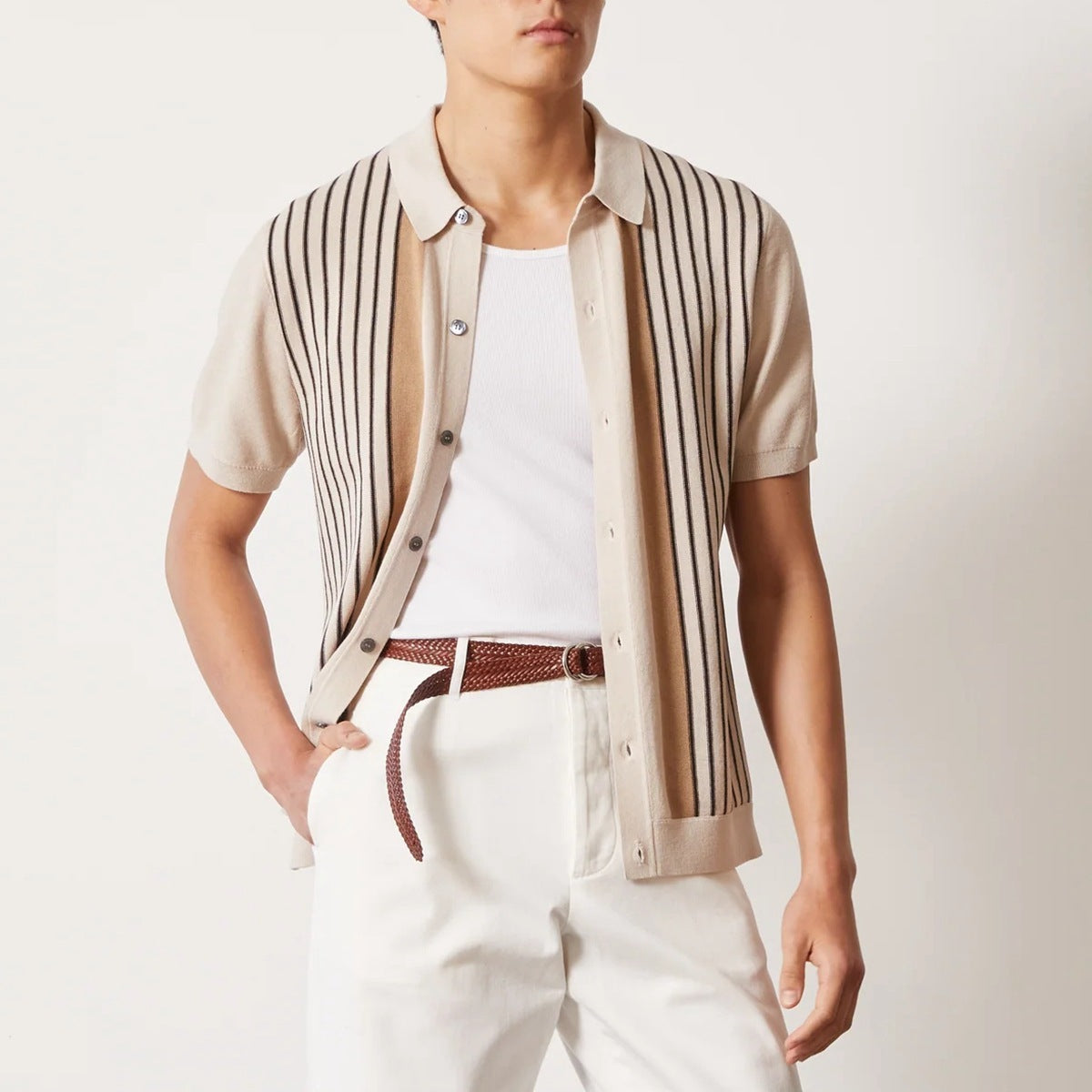 Men's beige knitted polo shirt with vertical stripes and buttons