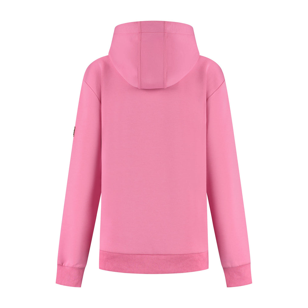 Women's pink hooded sweatshirt with long sleeves and ribbed trims