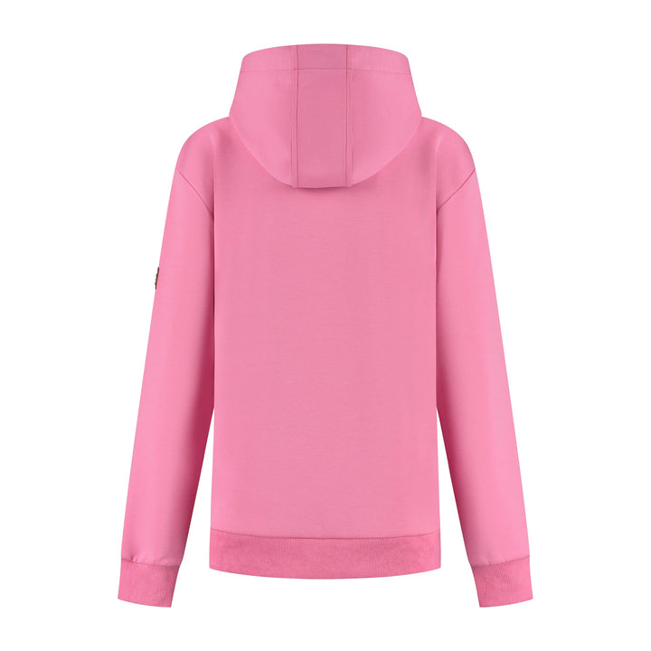 Women's pink hooded sweatshirt with long sleeves and ribbed trims