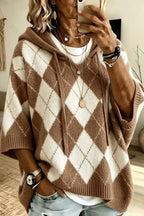 Women's argyle hooded knit sweater with 3/4 sleeves