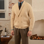 Men's textured knit cardigan with shawl collar and button fastening