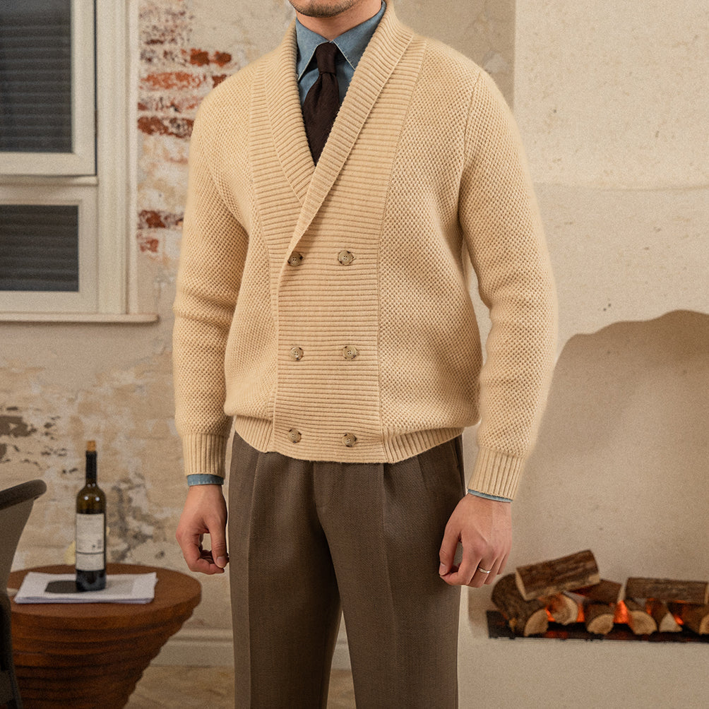 Men's textured knit cardigan with shawl collar and button fastening