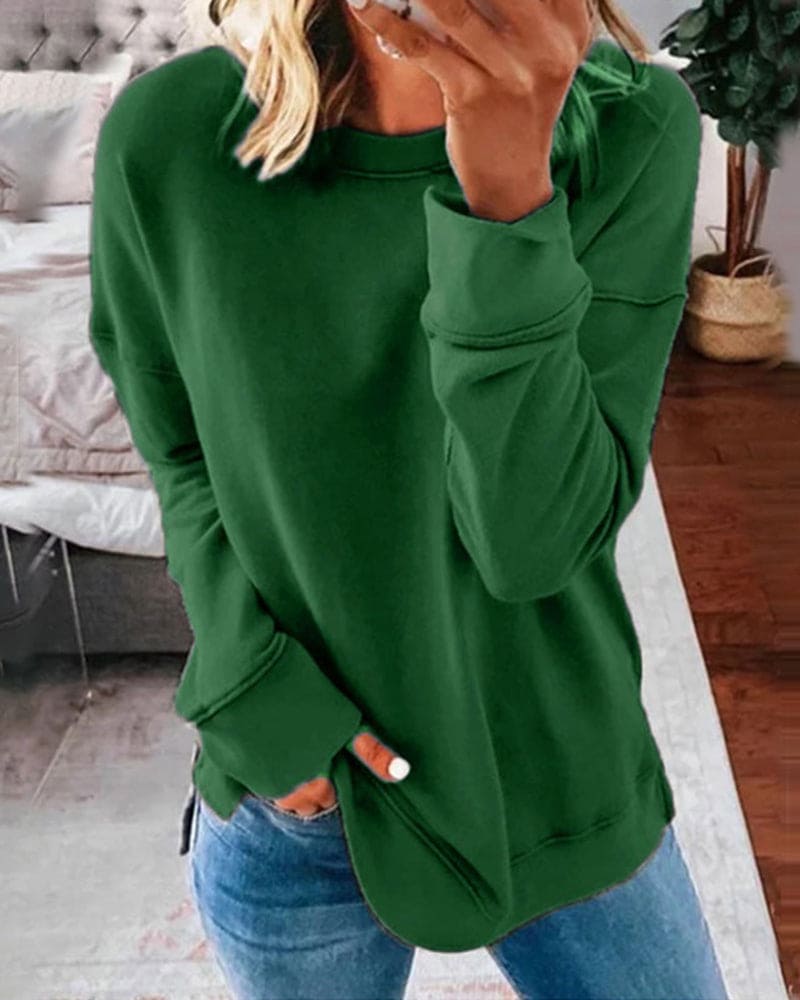 Women's crew neck sweatshirt with curved side slit hem