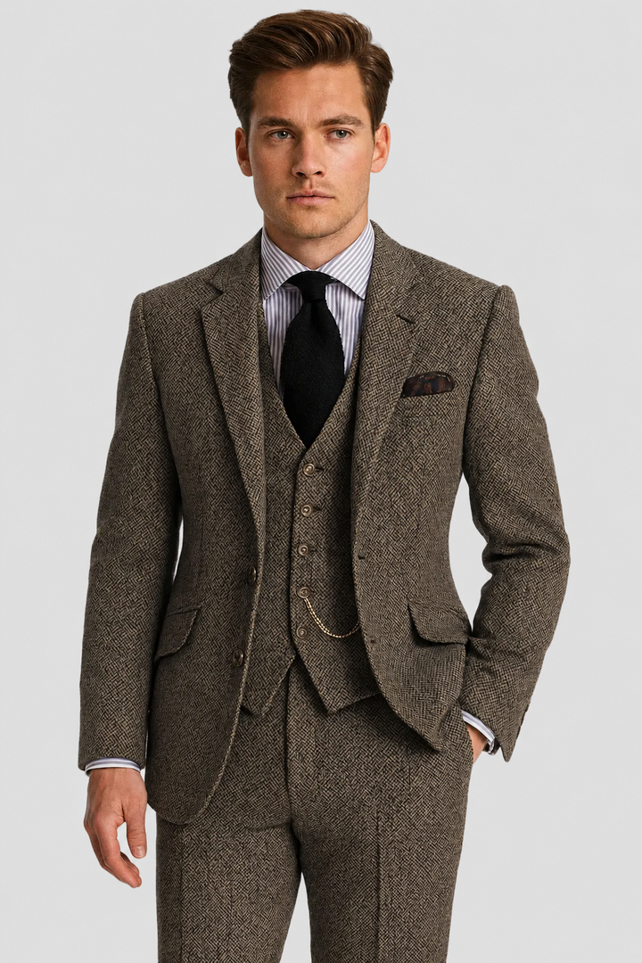 Men's tweed three-piece suit with waistcoat and pocket watch chain