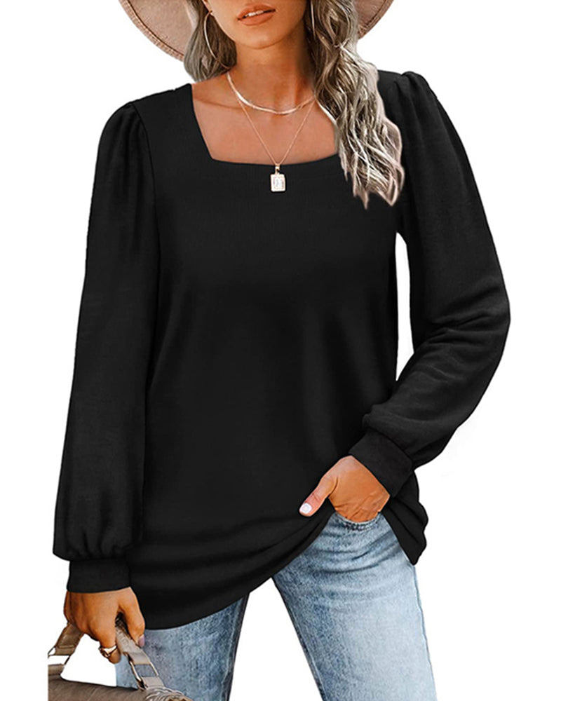 Women's square-neck long-sleeve top with gathered shoulders