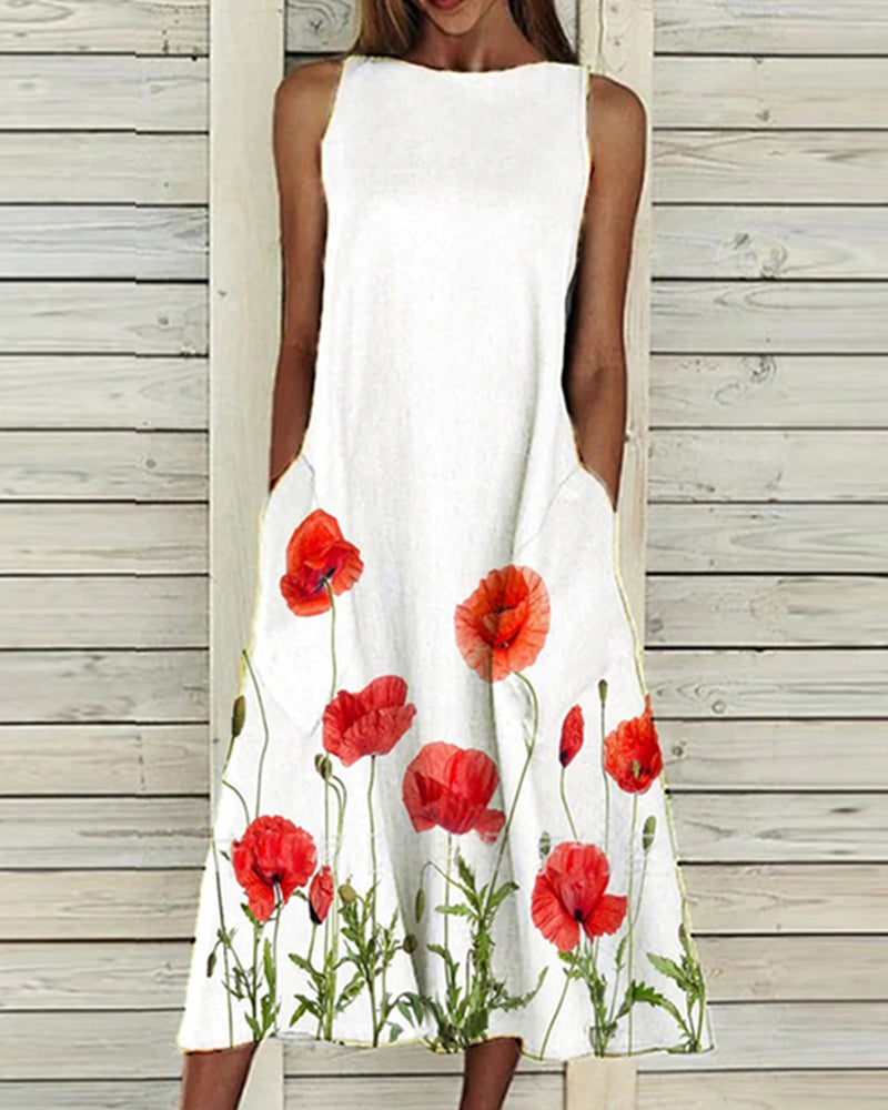 Sleeveless floral midi dress with side pockets