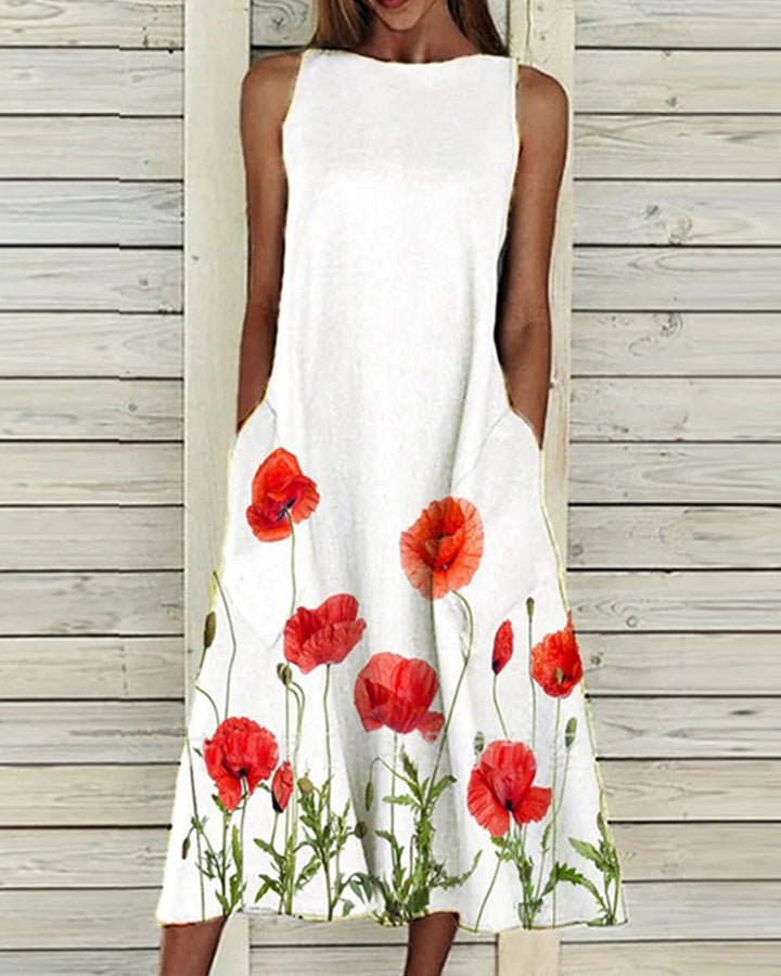 Sleeveless floral midi dress with side pockets