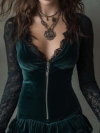 Women's green velvet mini dress with black lace sleeves and tiered ruffle skirt