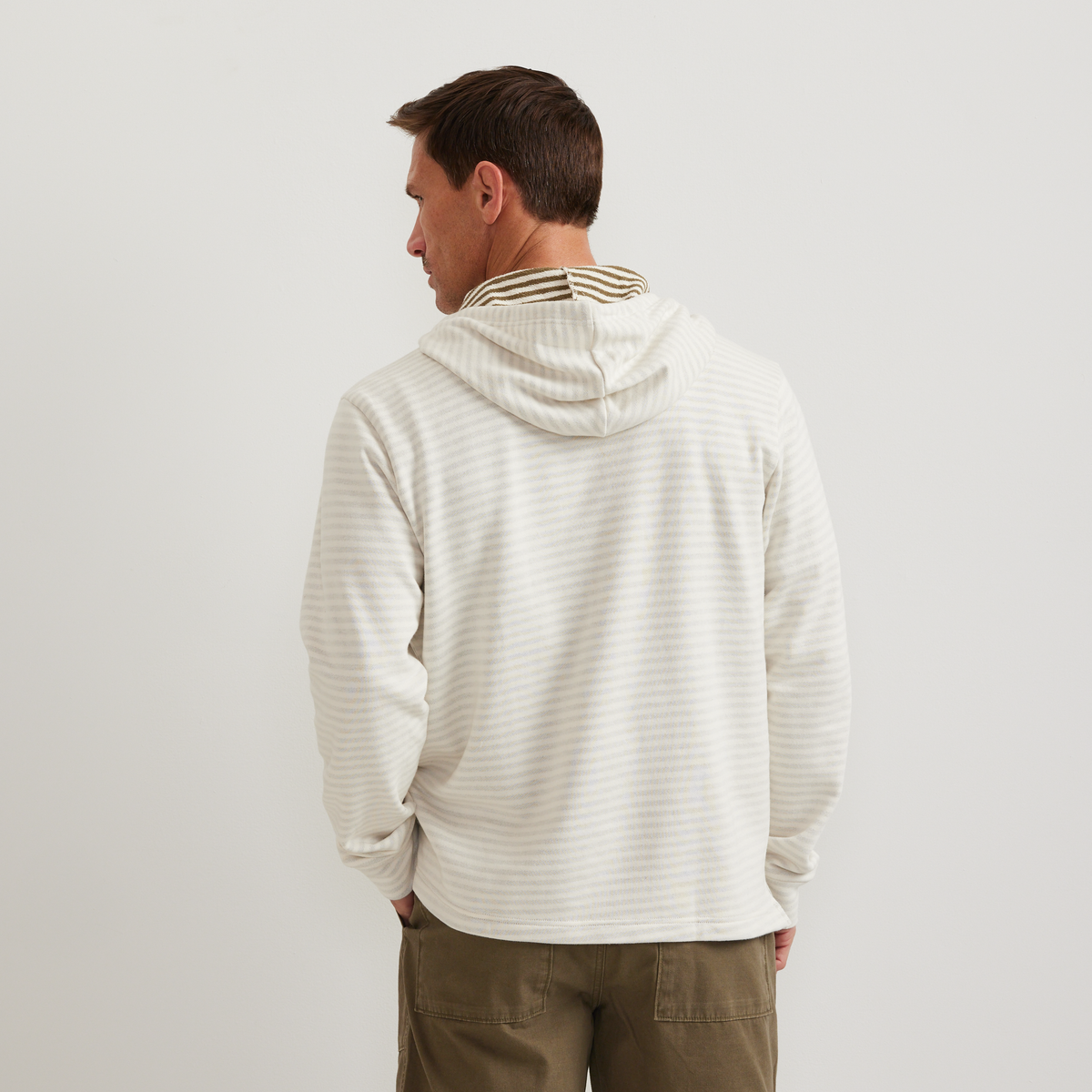 Men's striped Henley hoodie with button placket and kangaroo pocket
