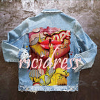 Women's long-sleeve denim jacket with colourful Halloween graphic back print