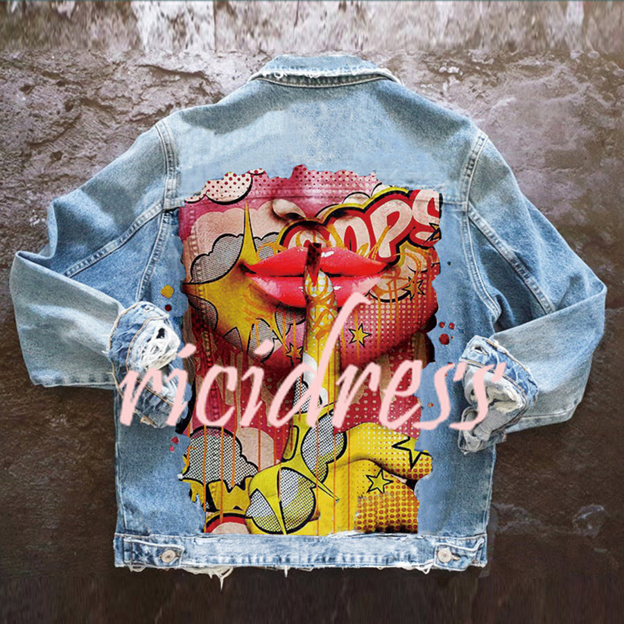 Women's long-sleeve denim jacket with colourful Halloween graphic back print