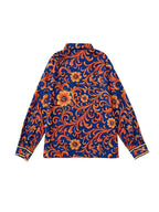 Women's blue floral button blouse with pointed collar and long sleeves