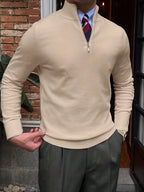 Men's stand-collar half-zip sweater with long sleeves and ribbed trims