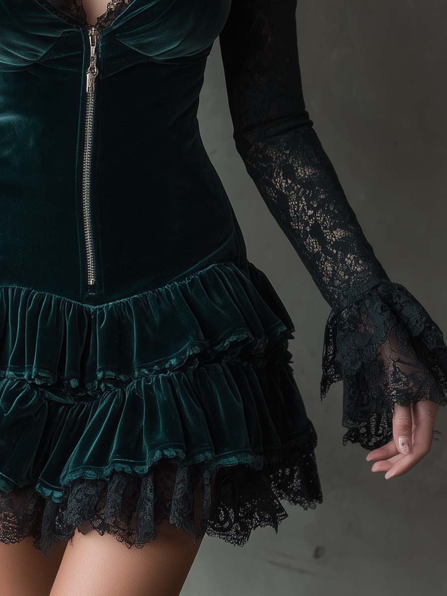 Women's green velvet mini dress with black lace sleeves and tiered ruffle skirt