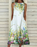 Sleeveless floral midi dress with side pockets