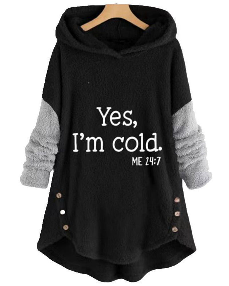 Women's hooded tunic top with text print, long sleeves, curved hem and side buttons
