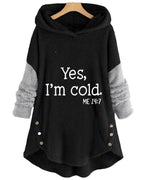 Women's hooded tunic top with text print, long sleeves, curved hem and side buttons