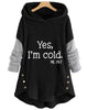 Women's hooded tunic top with text print, long sleeves, curved hem and side buttons