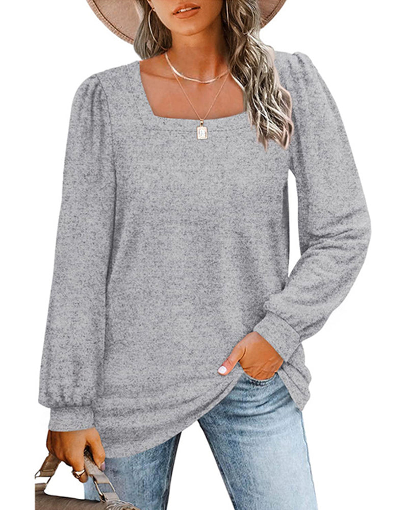 Women's square-neck long-sleeve top with gathered shoulders